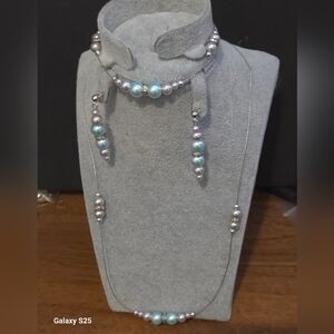 Elegant Silver and Blue Pearl Necklace Set